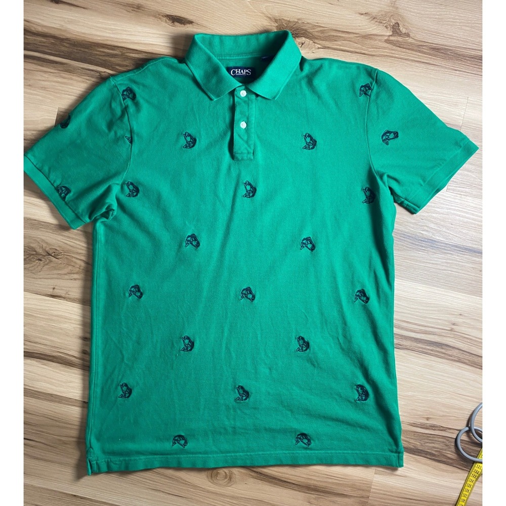 Chaps Mens Green Embroidered Fish Bass Polo Shirt Short Sleeve Cotton Large